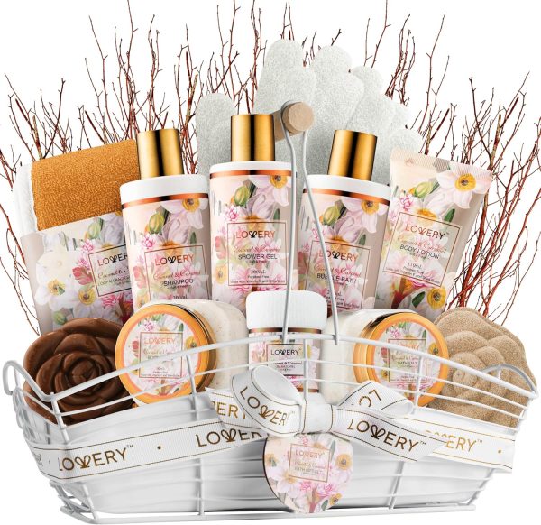 Birthday Spa Gift Baskets for Women, Gift Basket for Women, Bath and Body Gift Set – 13pc Coconut Caramel Self Care Gift Basket, Bubble Bath, Shampoo, Body Scrub, Lotion, Salts, Bath Bomb & More