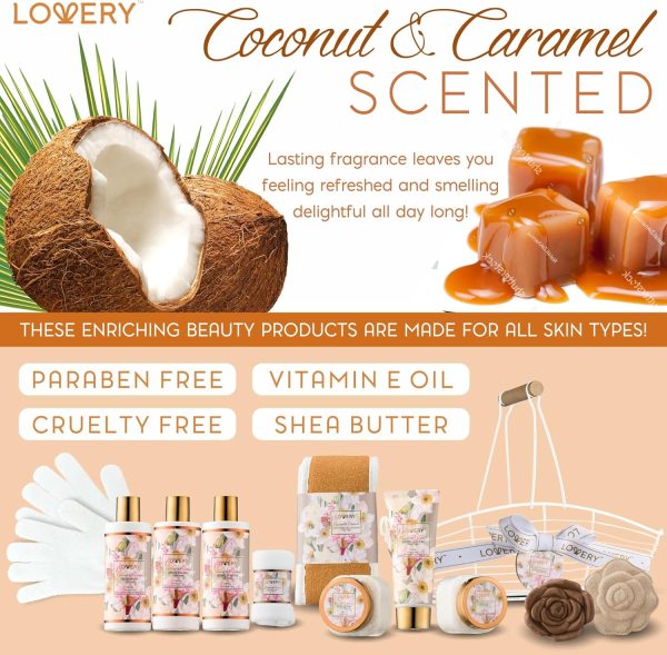 Birthday Spa Gift Baskets for Women, Gift Basket for Women, Bath and Body Gift Set – 13pc Coconut Caramel Self Care Gift Basket, Bubble Bath, Shampoo, Body Scrub, Lotion, Salts, Bath Bomb & More - Image 7