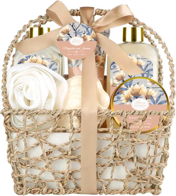 Home Spa Gift Basket, Bath Spa Kit for Women, with Body Lotion, Shower Gel, Bubble Bath, Body Scrub, Bath Salt, Bath Bomb, Bath Gift Set for Mother, Wife Her, with Magnolia and Jasmine Scent