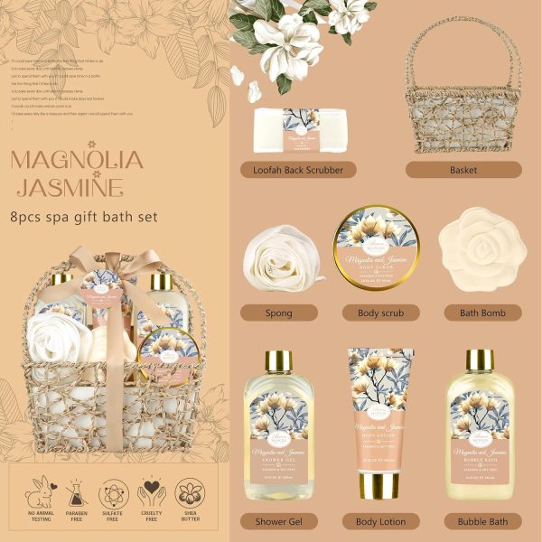 Home Spa Gift Basket, Bath Spa Kit for Women, with Body Lotion, Shower Gel, Bubble Bath, Body Scrub, Bath Salt, Bath Bomb, Bath Gift Set for Mother, Wife Her, with Magnolia and Jasmine Scent - Image 2