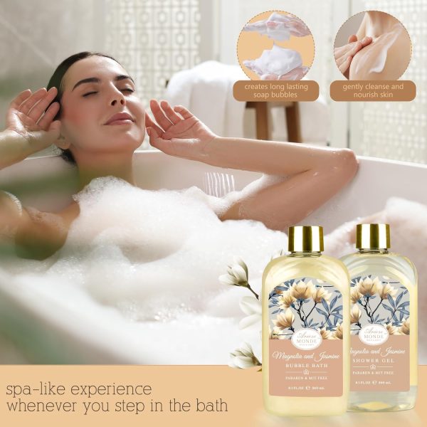 Home Spa Gift Basket, Bath Spa Kit for Women, with Body Lotion, Shower Gel, Bubble Bath, Body Scrub, Bath Salt, Bath Bomb, Bath Gift Set for Mother, Wife Her, with Magnolia and Jasmine Scent - Image 5