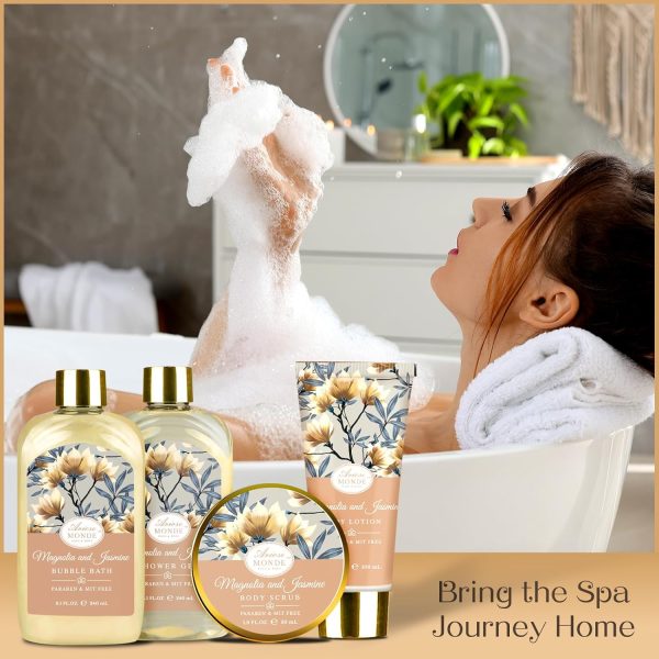 Home Spa Gift Basket, Bath Spa Kit for Women, with Body Lotion, Shower Gel, Bubble Bath, Body Scrub, Bath Salt, Bath Bomb, Bath Gift Set for Mother, Wife Her, with Magnolia and Jasmine Scent - Image 7