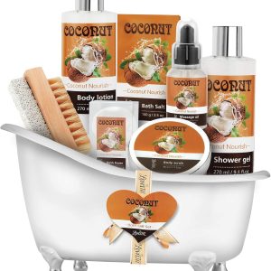 Relaxing Spa Gift Baskets For Women- Bath and Body Gift Set for mom Coconut Spa Kit includes Bath Bombs, Message Oil, Body Scrub, Bath Salt, Body Lotion, Shower Gel and Scrub Brush