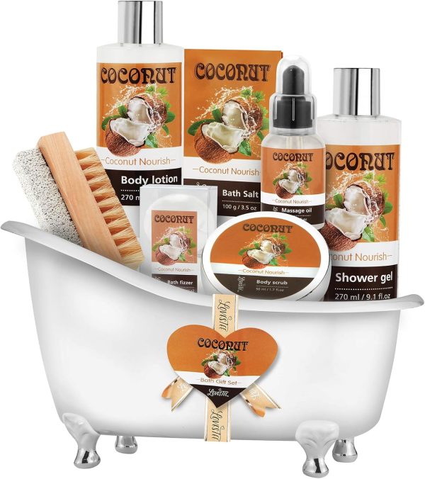 Relaxing Spa Gift Baskets For Women- Bath and Body Gift Set for mom Coconut Spa Kit includes Bath Bombs, Message Oil, Body Scrub, Bath Salt, Body Lotion, Shower Gel and Scrub Brush