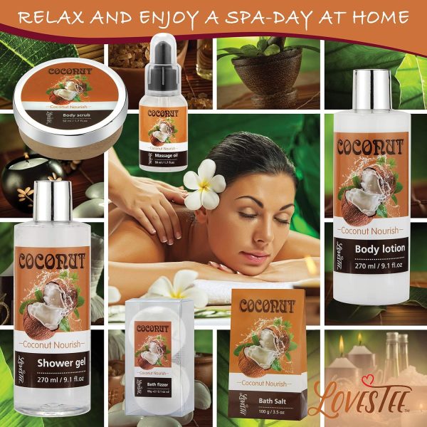 Relaxing Spa Gift Baskets For Women- Bath and Body Gift Set for mom Coconut Spa Kit includes Bath Bombs, Message Oil, Body Scrub, Bath Salt, Body Lotion, Shower Gel and Scrub Brush - Image 2