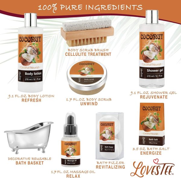 Relaxing Spa Gift Baskets For Women- Bath and Body Gift Set for mom Coconut Spa Kit includes Bath Bombs, Message Oil, Body Scrub, Bath Salt, Body Lotion, Shower Gel and Scrub Brush - Image 5