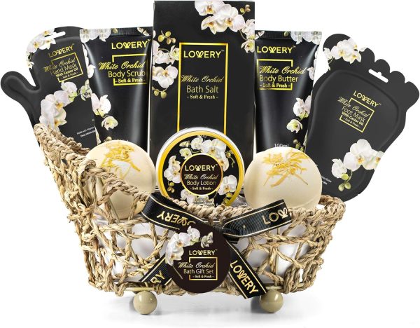 Spa Bath Set for Women, Men, Teens - White Orchid Home Spa Set with Vitamin E and Shea Butter with Body Butter, Body Scrub, Lotion, Ex-Large Bath Bombs, Salts, Pair of Hand & Foot Masks