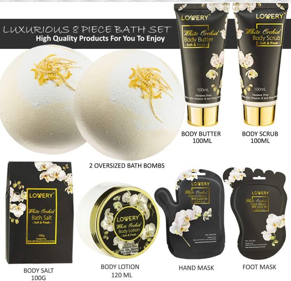 Spa Bath Set for Women, Men, Teens - White Orchid Home Spa Set with Vitamin E and Shea Butter with Body Butter, Body Scrub, Lotion, Ex-Large Bath Bombs, Salts, Pair of Hand & Foot Masks - Image 2