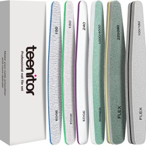 Teenitor Nail File and Buffer Set, 6 pcs Nail Files & Nail Buffer Blocks for Natural Nails, Emery Boards for Nails, Nail Buffer and Shine Kit, Ridge Filler for Nails Fingernail Files 100/180 Grit