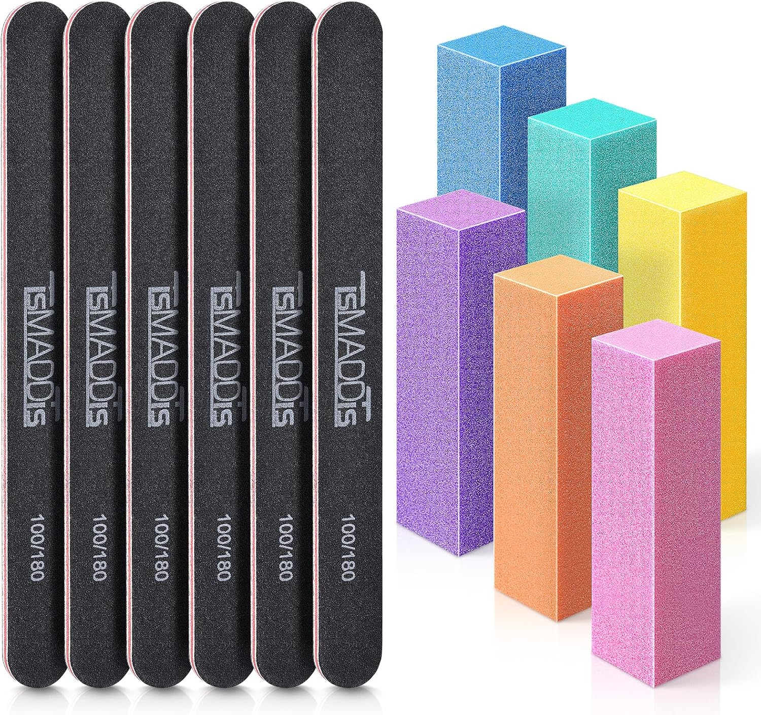 TsMADDTs Nail Files and Buffer, Professional Manicure Tools Kit Rectangular Art Care Buffer Block Tools 100/180 Grit 12Pcs/Pa(Black)